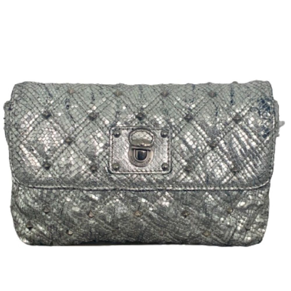 Marc Jacobs Quilted Leather Snakeskin Animal Print Embossed Studded Silver Bag